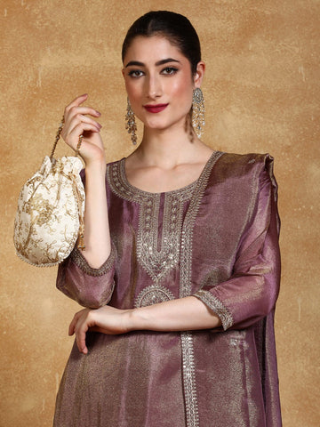 Zari Embroidered Yoke Kurta With Trouser And Dupatta
